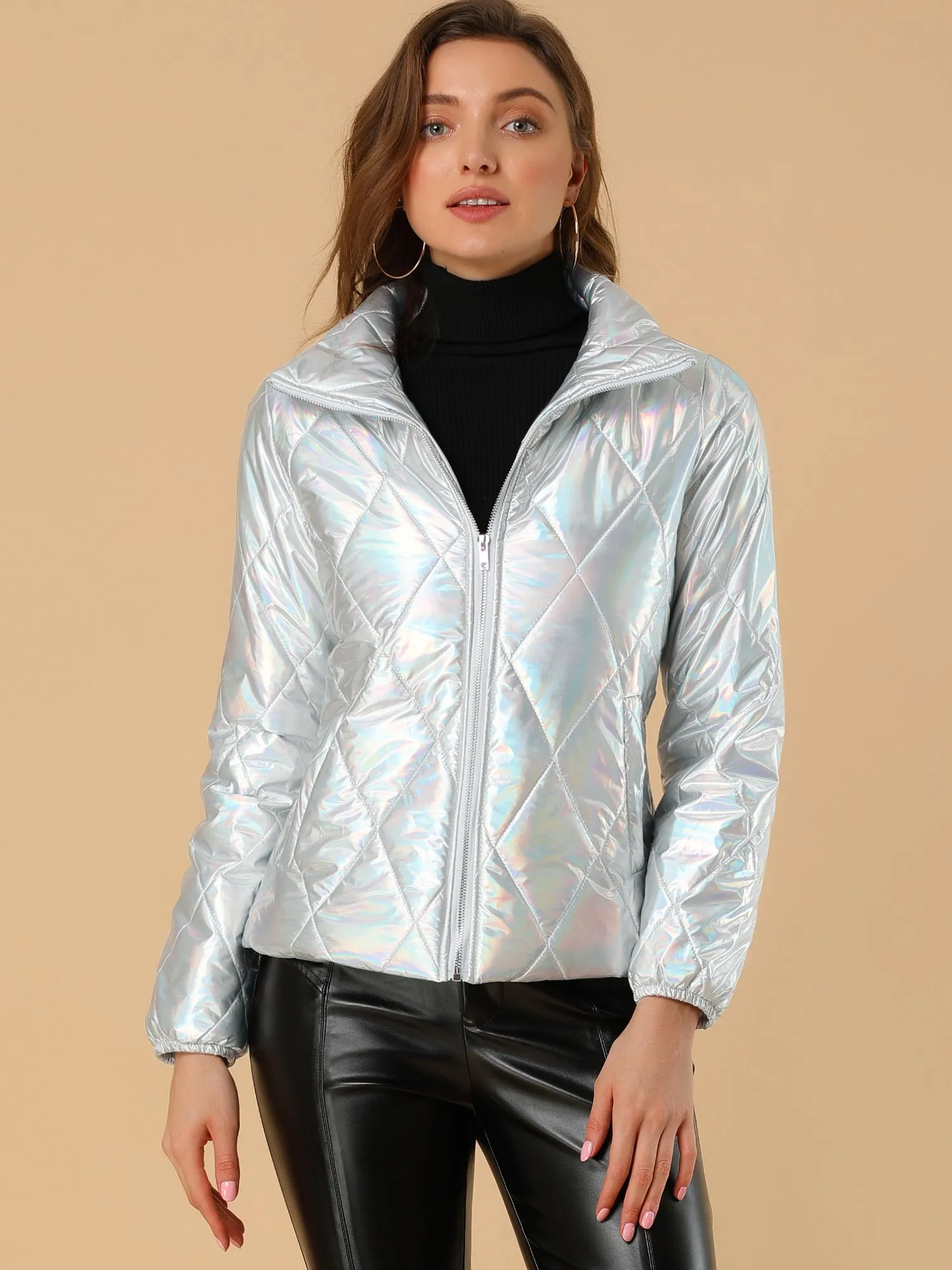 Holographic Shiny Zipper Metallic Down Puffer Jacket