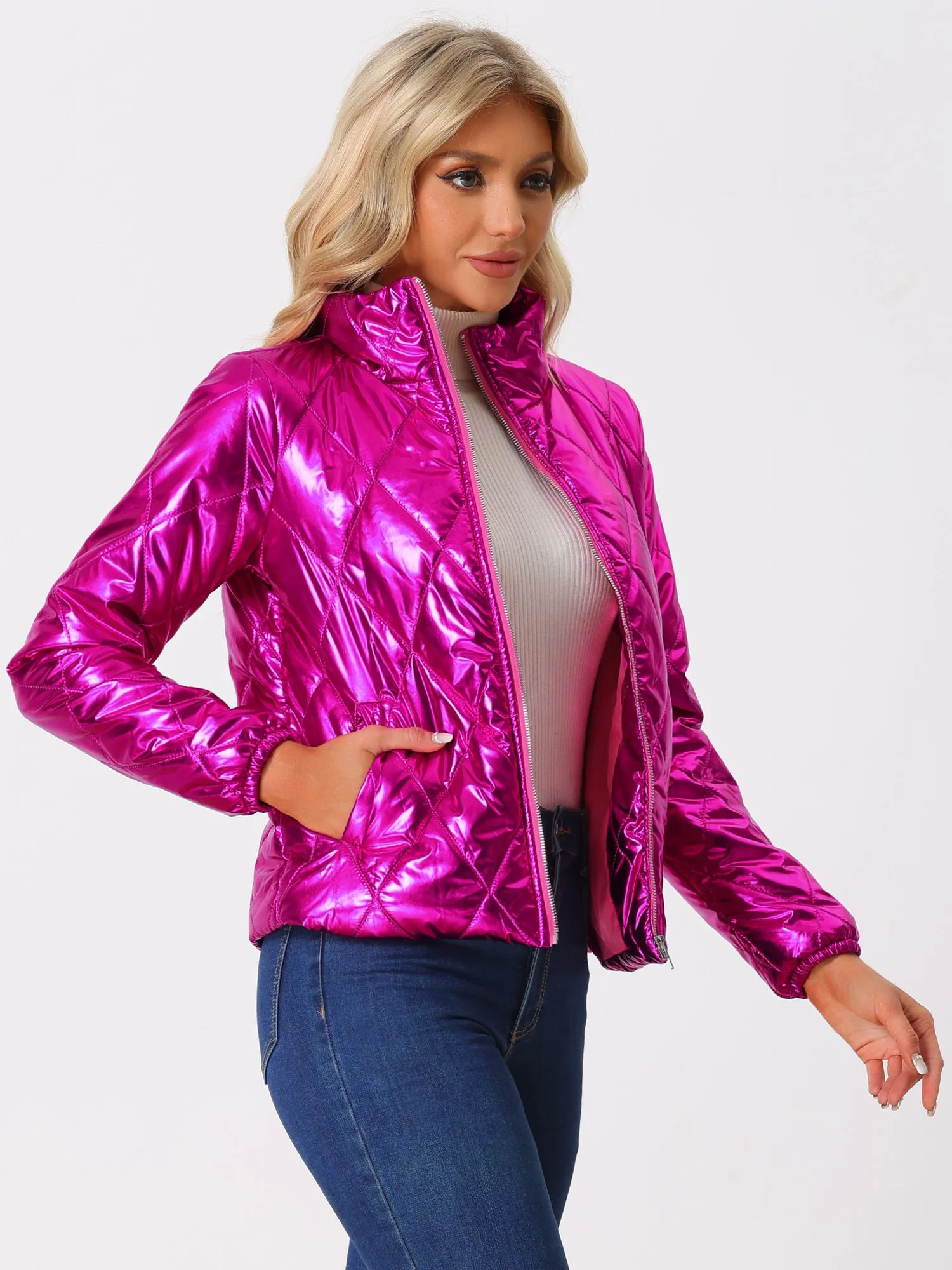 Holographic Shiny Zipper Metallic Down Puffer Jacket