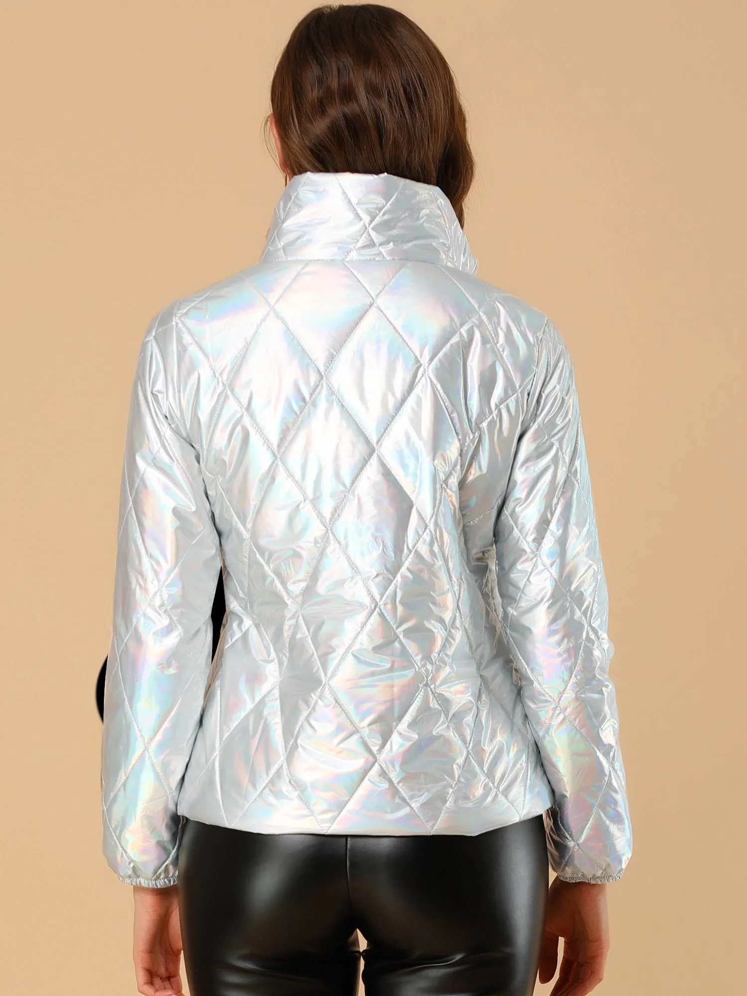 Holographic Shiny Zipper Metallic Down Puffer Jacket