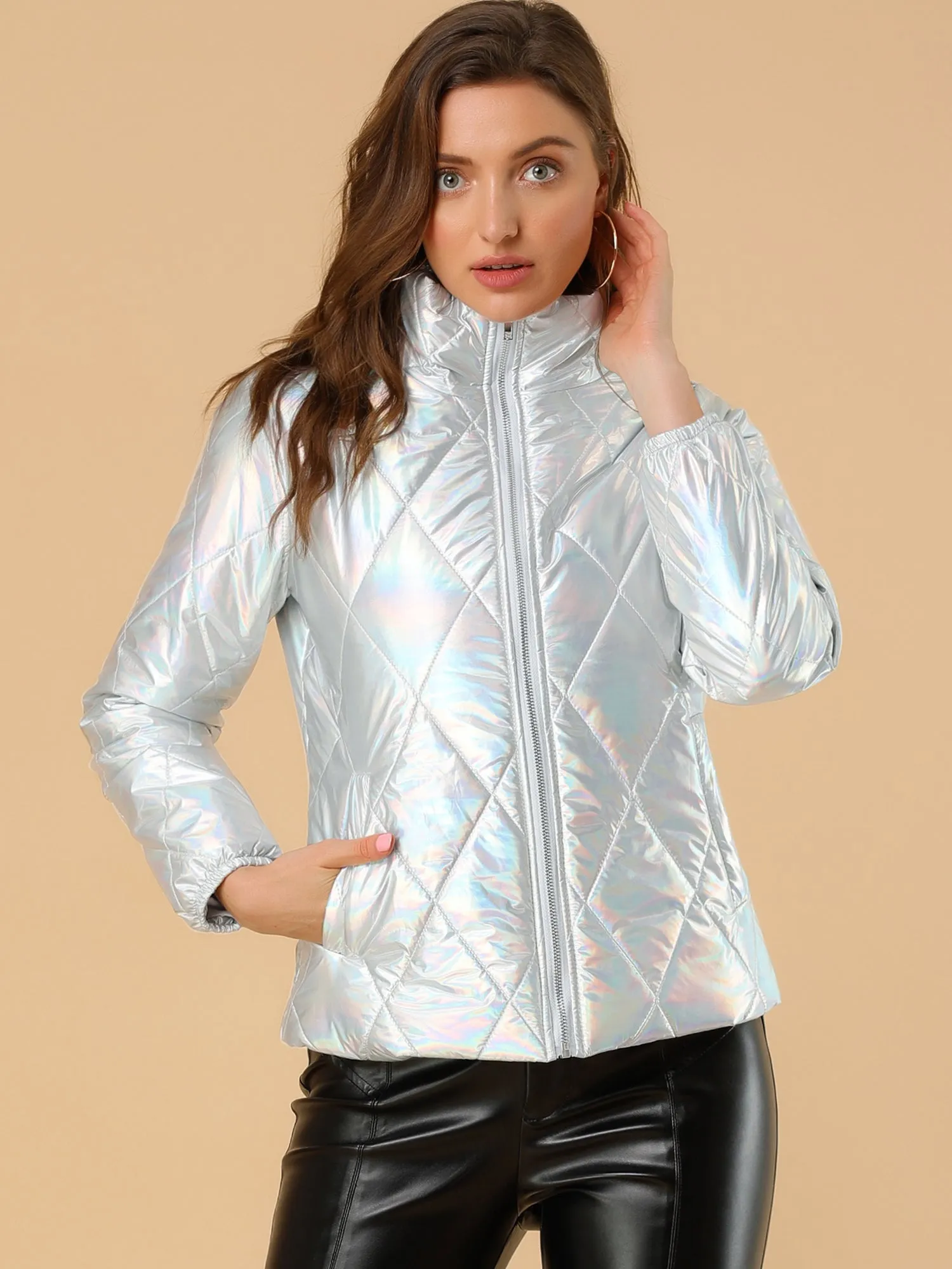 Holographic Shiny Zipper Metallic Down Puffer Jacket