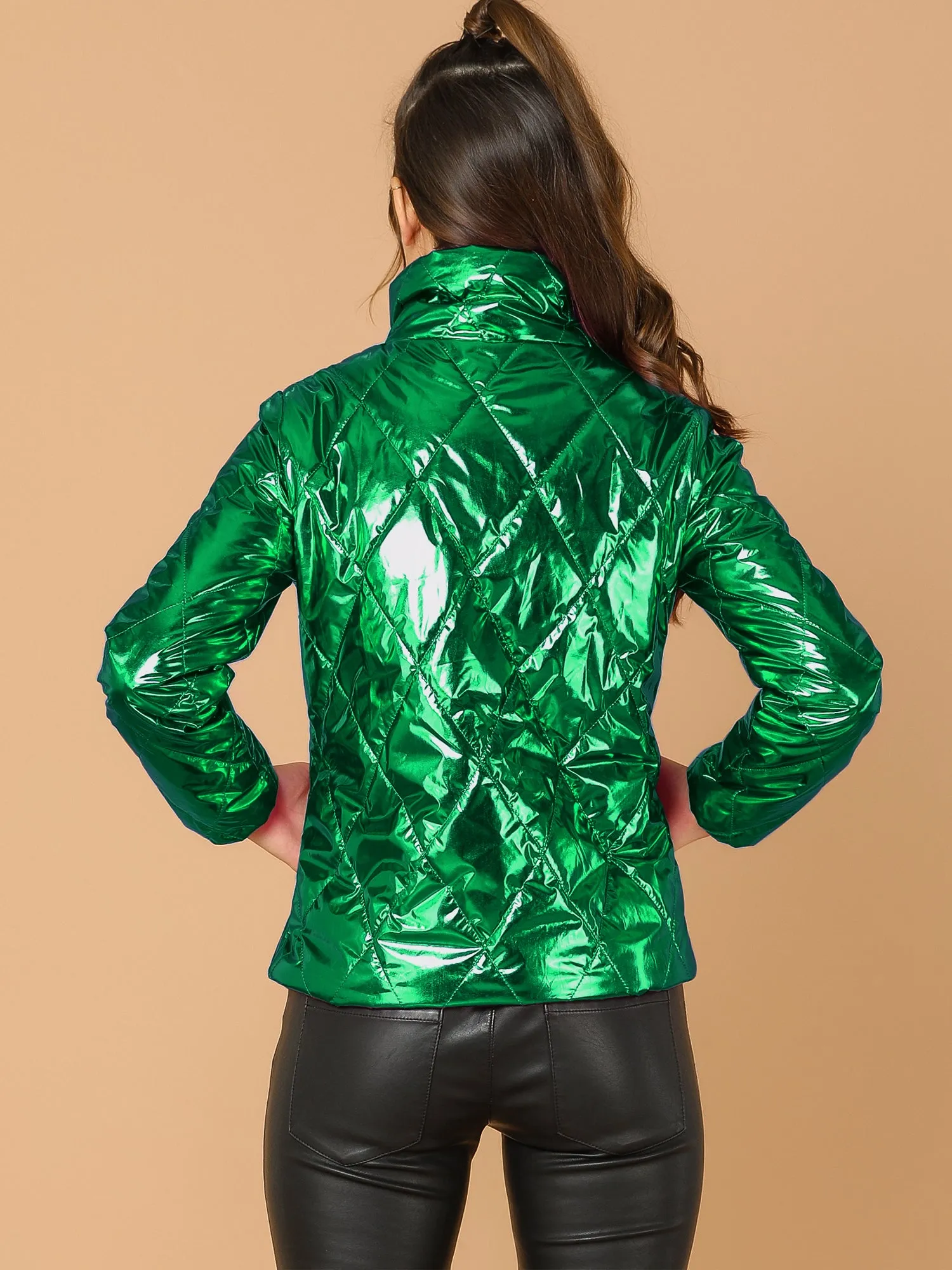 Holographic Shiny Zipper Metallic Down Puffer Jacket