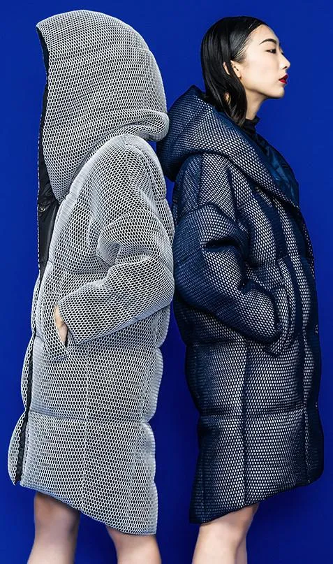 Honeycomb Textured Large-Hooded Thick White-Duck-Down Coat in White or Blue