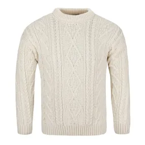 J M Cooper Unisex Wool Aran Crew-Neck Ecru