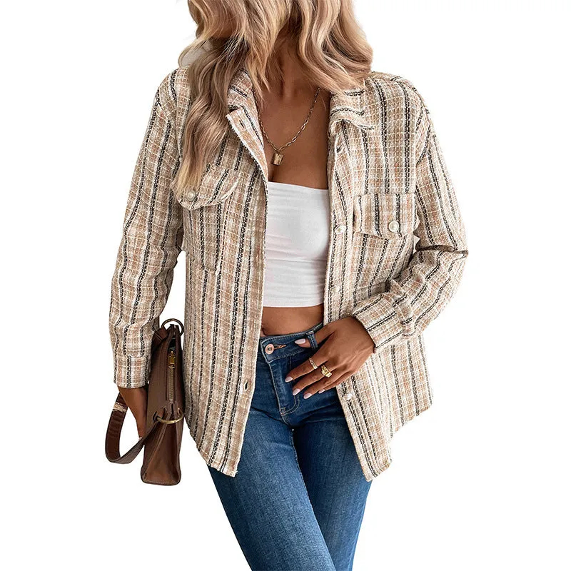 Khaki Little Fragrance Designer Jacket Vintage Cross Border Plaid Cardigan