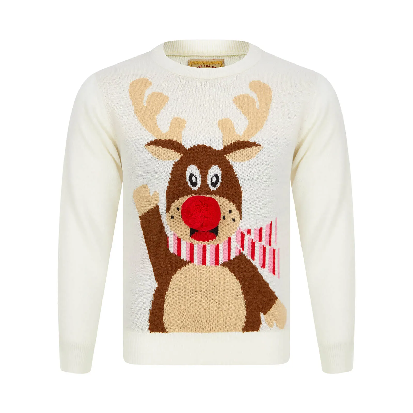 Kids Waving Reindeer Pom Pom Nose Christmas Jumper