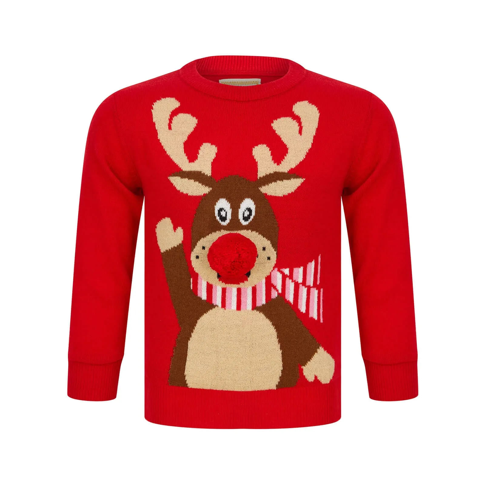 Kids Waving Reindeer Pom Pom Nose Christmas Jumper