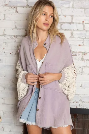 Lesley Dusty Lavender Crochet Sleeve Shacket