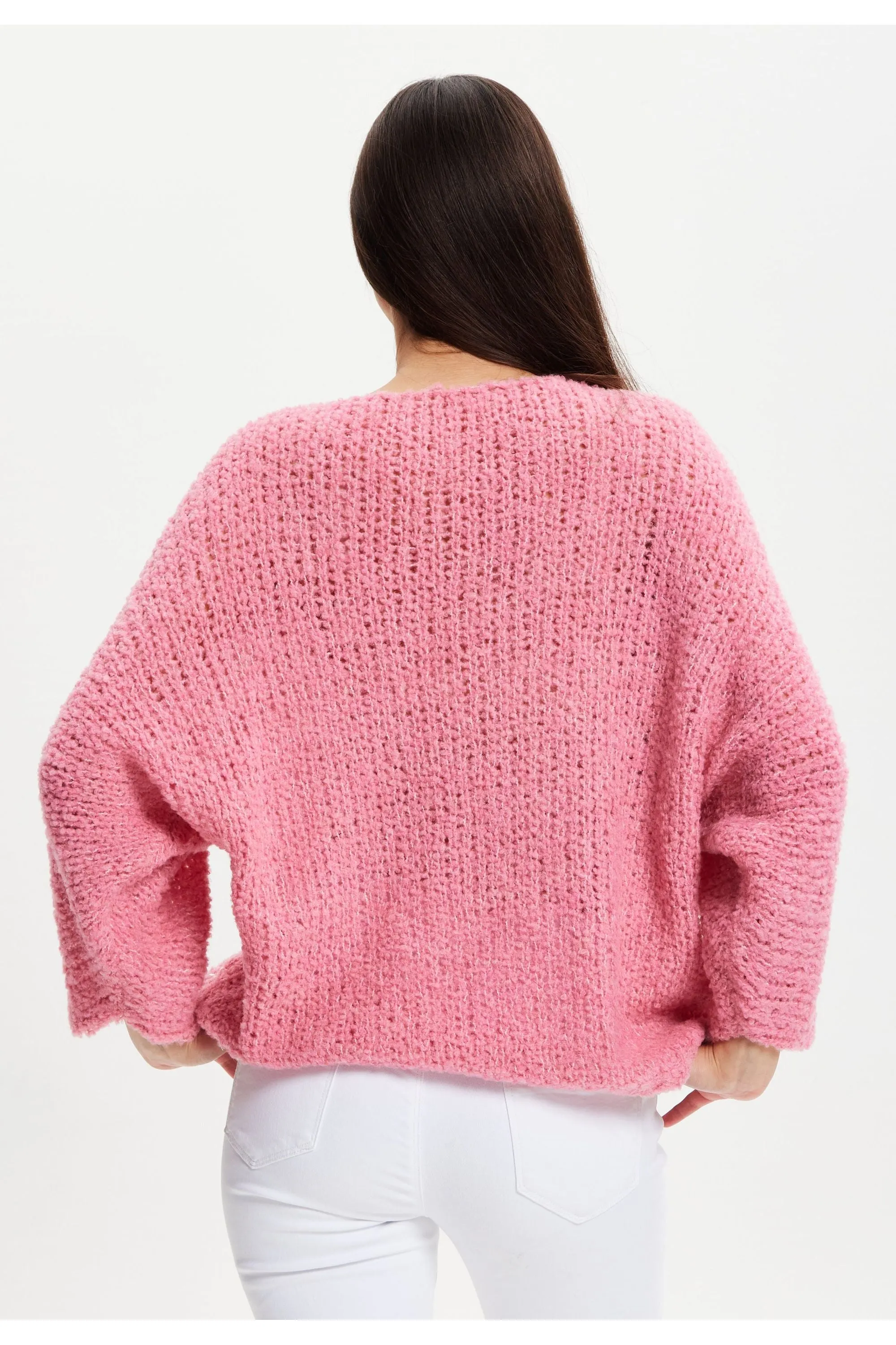 Liquorish Pink Loose Knit Jumper With Metallic Detail