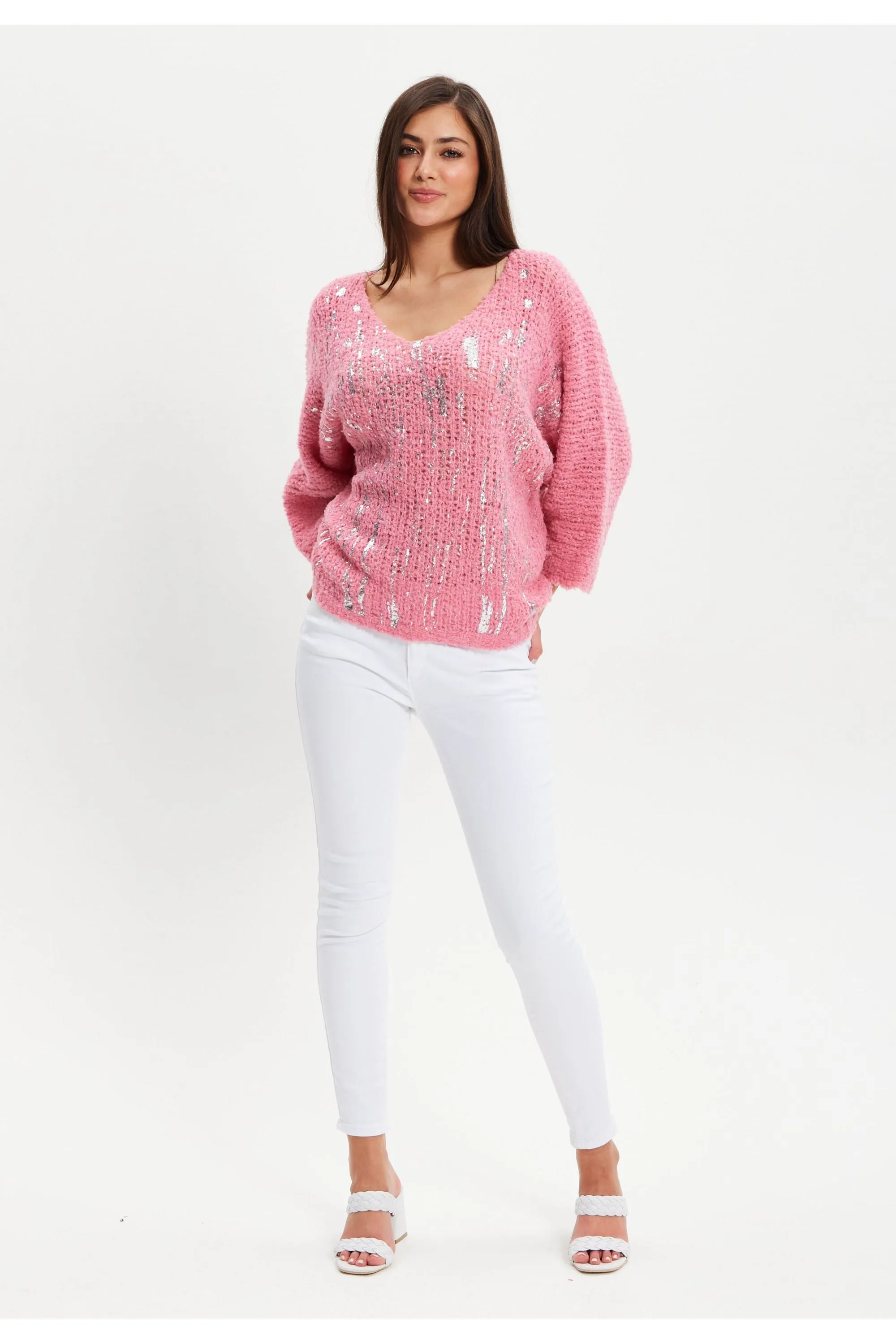 Liquorish Pink Loose Knit Jumper With Metallic Detail