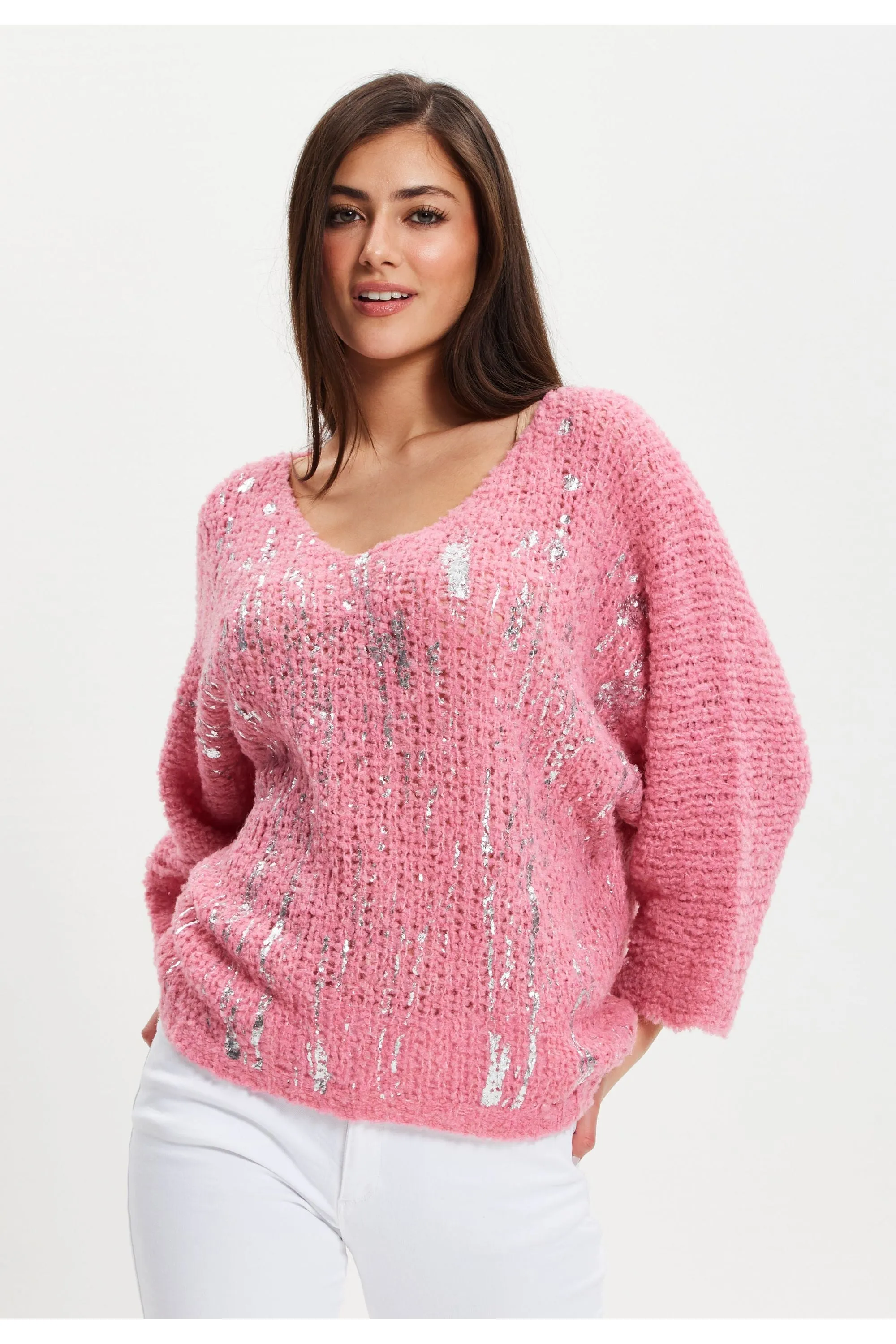 Liquorish Pink Loose Knit Jumper With Metallic Detail