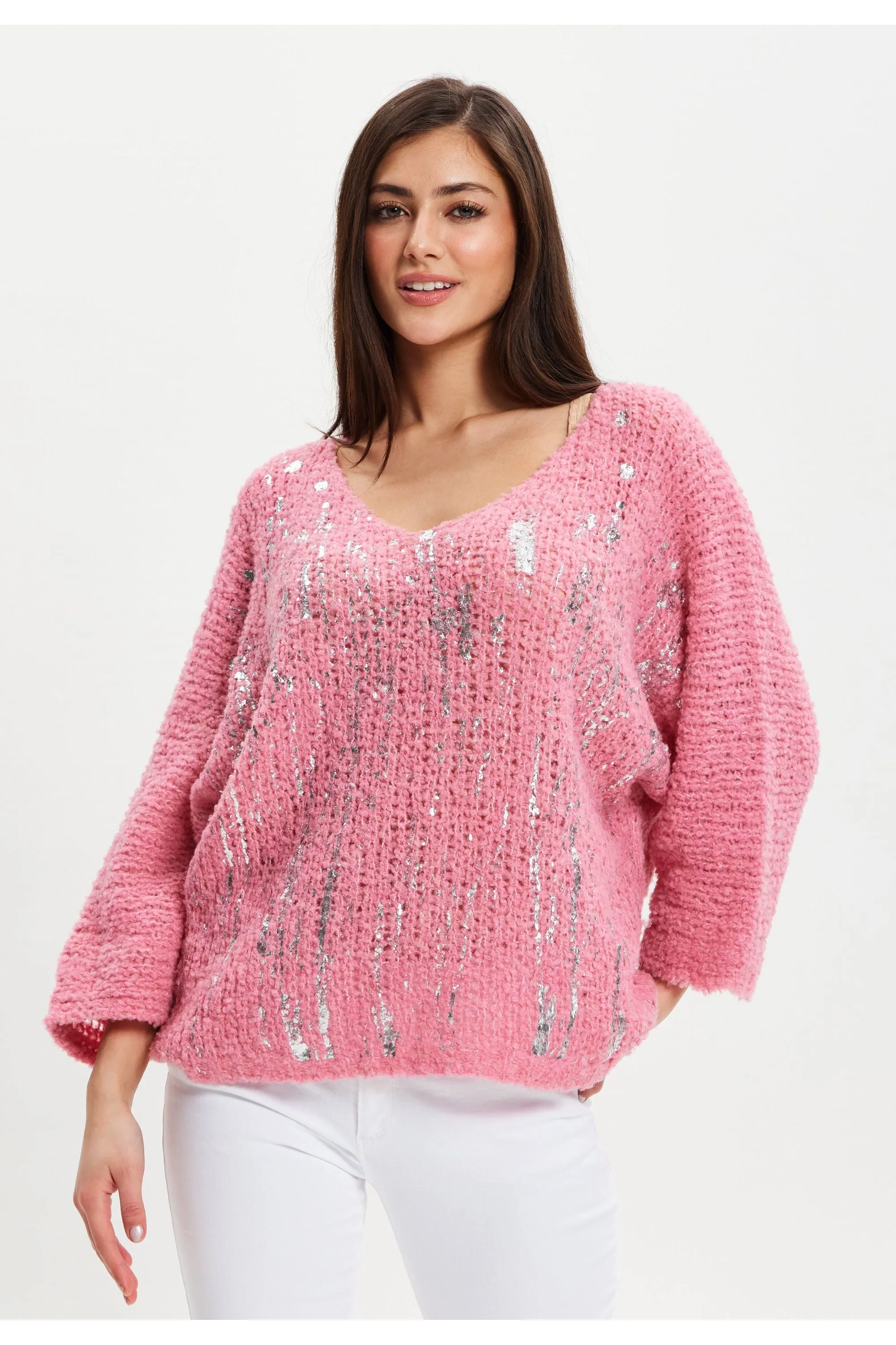 Liquorish Pink Loose Knit Jumper With Metallic Detail