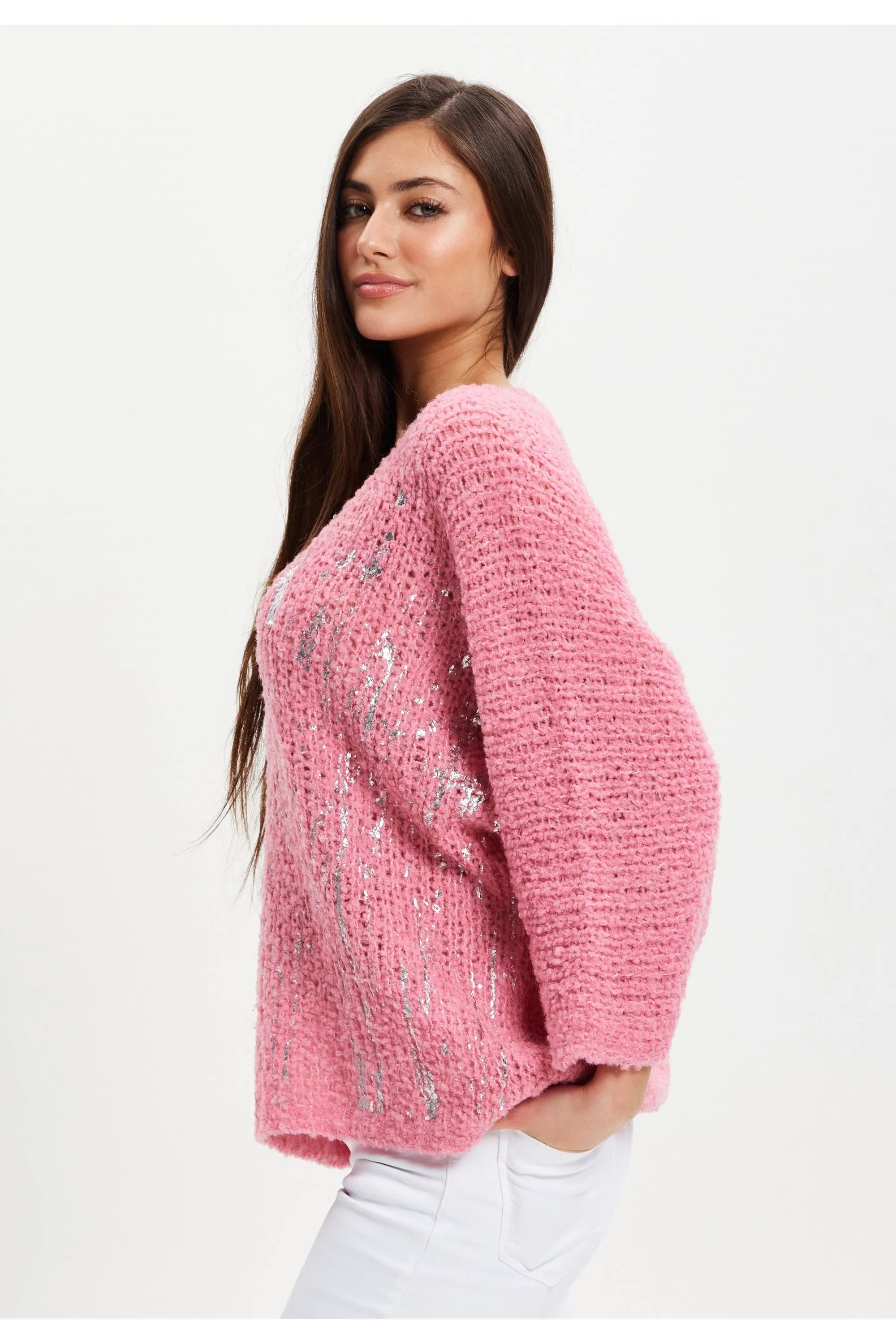 Liquorish Pink Loose Knit Jumper With Metallic Detail