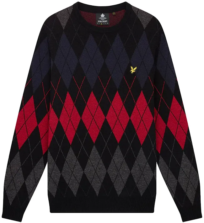 Lyle and Scott Mens British Argyle Crew Neck Jumper Jet Black