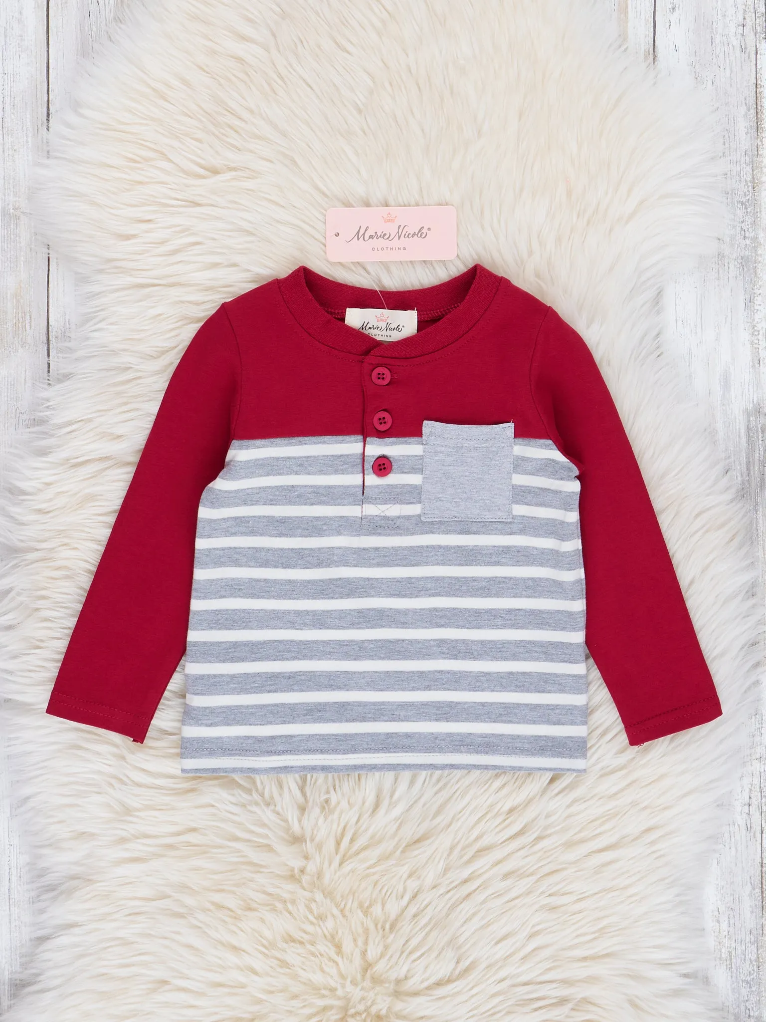 Maroon & Grey Striped Pocket Henley