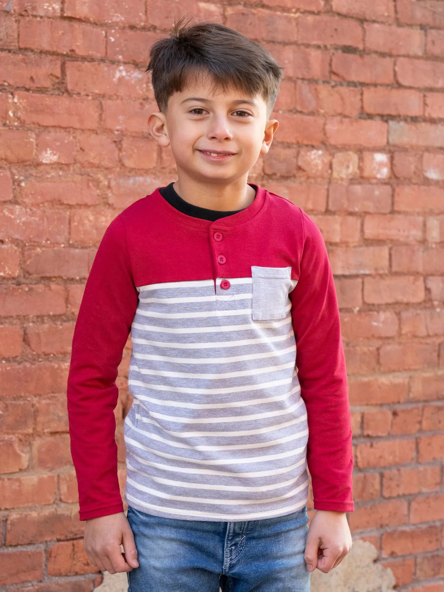 Maroon & Grey Striped Pocket Henley