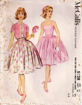 McCall's 5328 Womens or Teens Full Skirt Dress & Contrast Edged Jacket 1960s Vintage Sewing Pattern Size 14 Bust 34 inches UNCUT Factory Folded