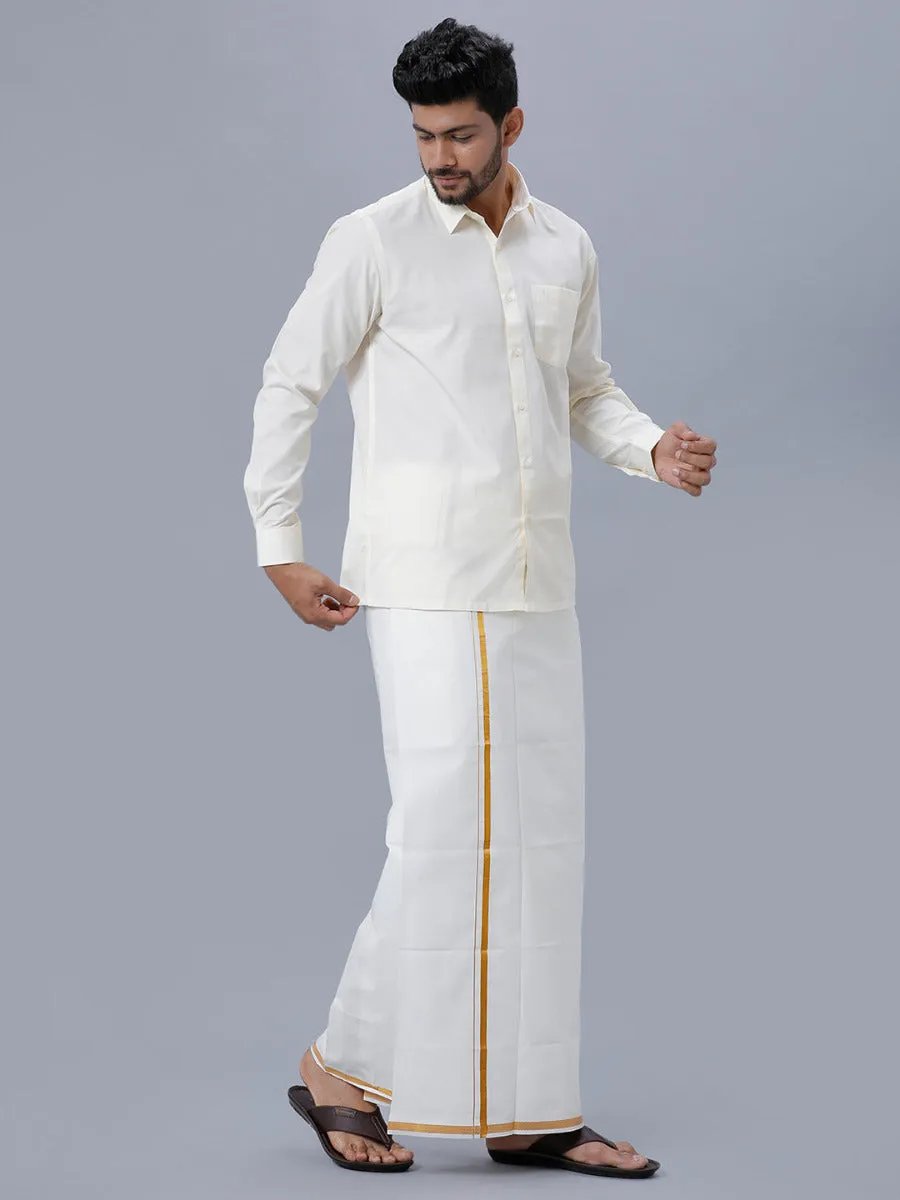 Men Cream Cotton Full Sleeves Shirt with 1/2" inch Gold jari Single Dhoti Combo