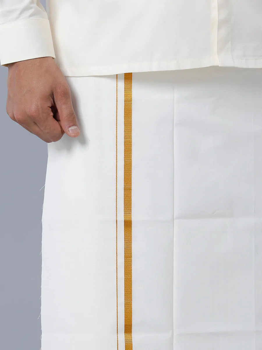 Men Cream Cotton Full Sleeves Shirt with 1/2" inch Gold jari Single Dhoti Combo