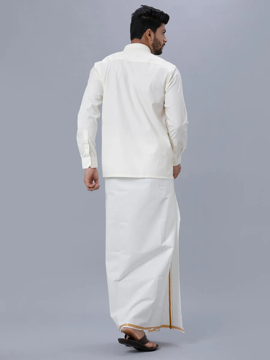 Men Cream Cotton Full Sleeves Shirt with 1/2" inch Gold jari Single Dhoti Combo