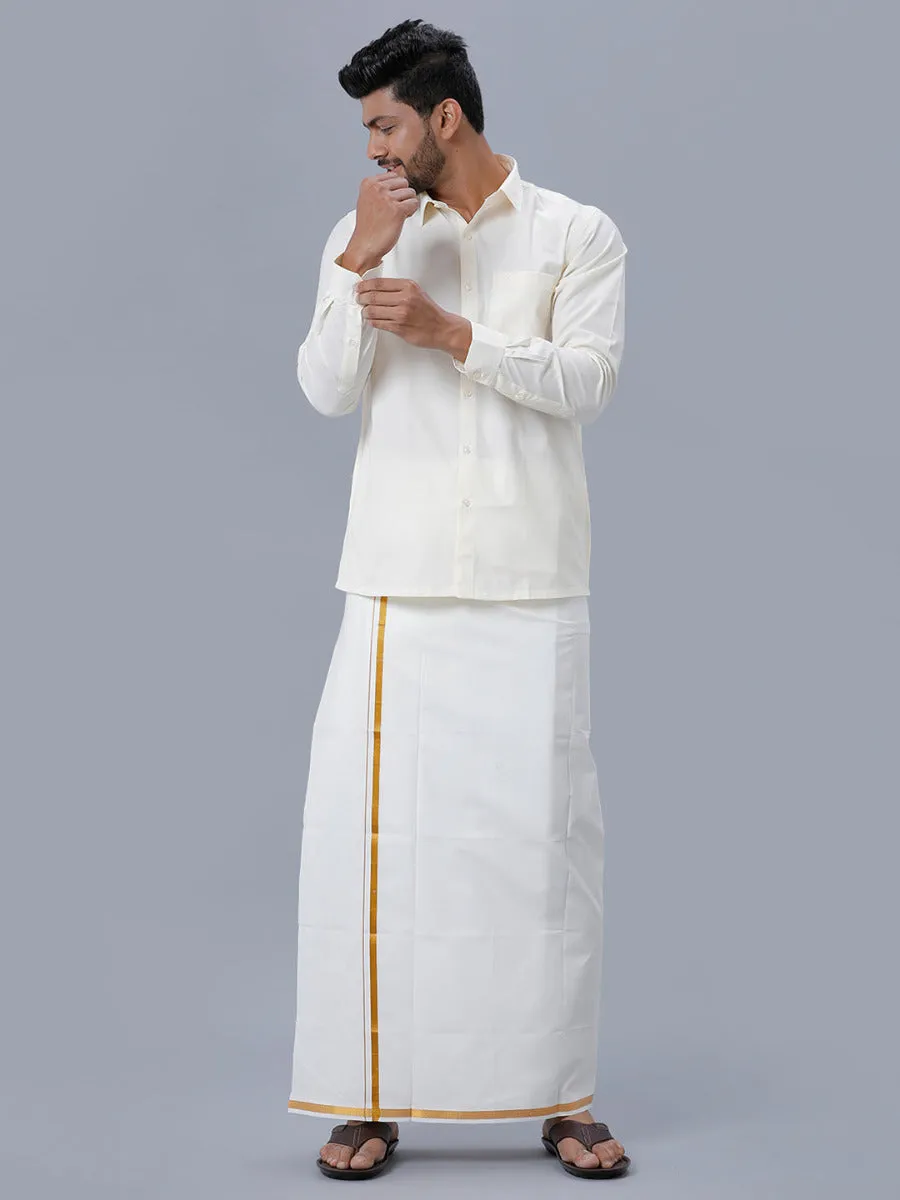 Men Cream Cotton Full Sleeves Shirt with 1/2" inch Gold jari Single Dhoti Combo