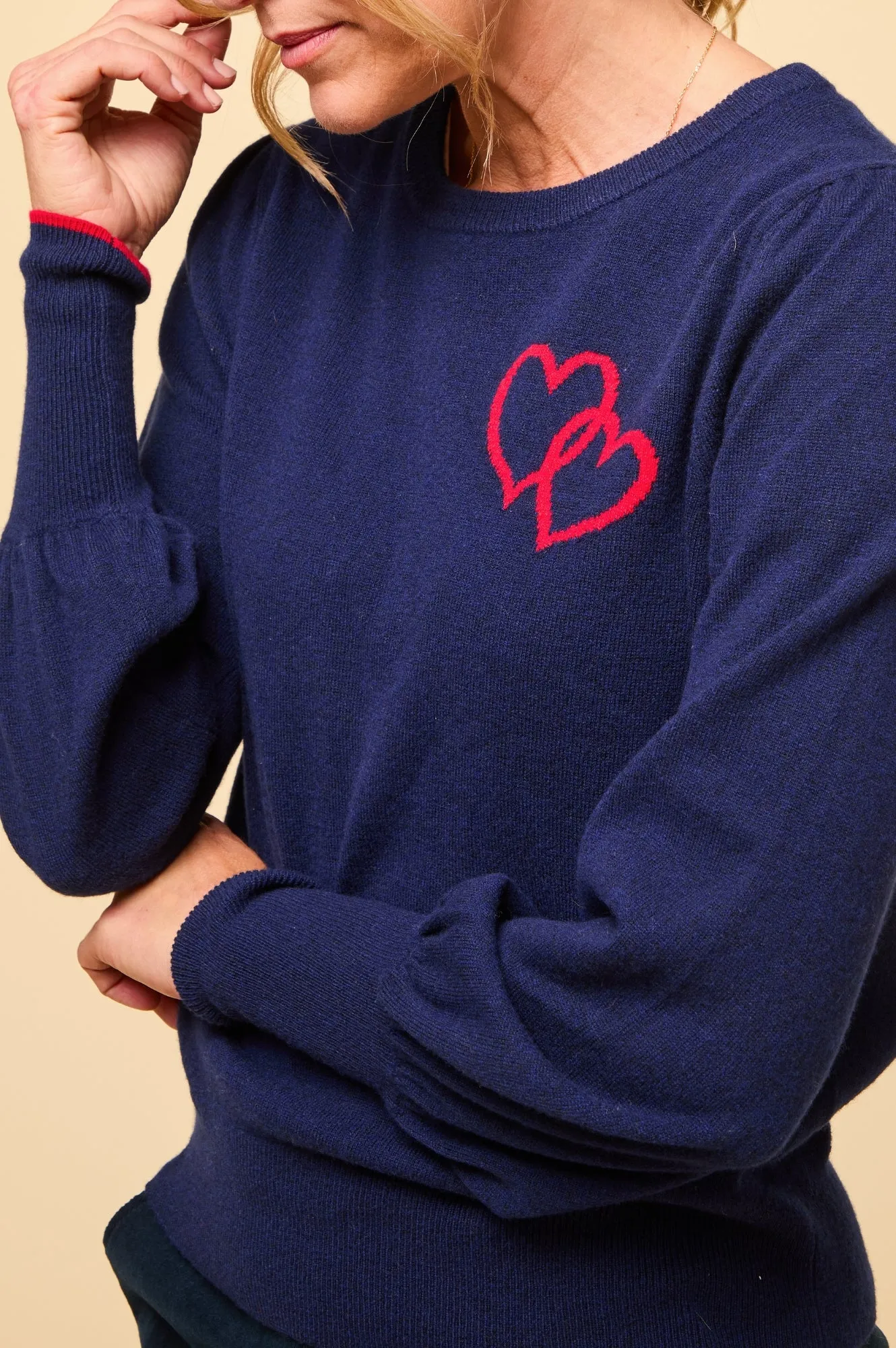 Merino Wool Hearts Crew Neck Jumper | Navy/Red