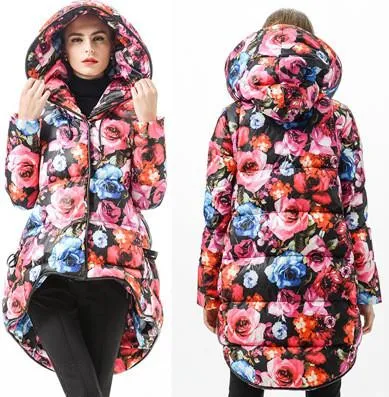 Multicolored Flared Floral Print Hooded Short Down Coat