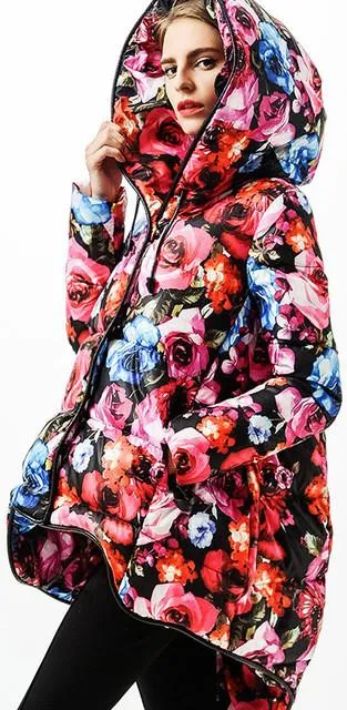 Multicolored Flared Floral Print Hooded Short Down Coat