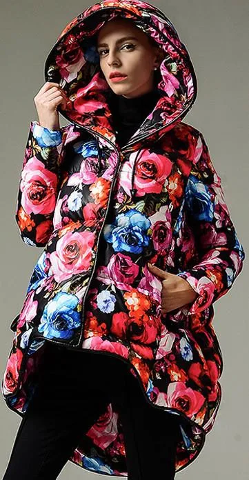 Multicolored Flared Floral Print Hooded Short Down Coat