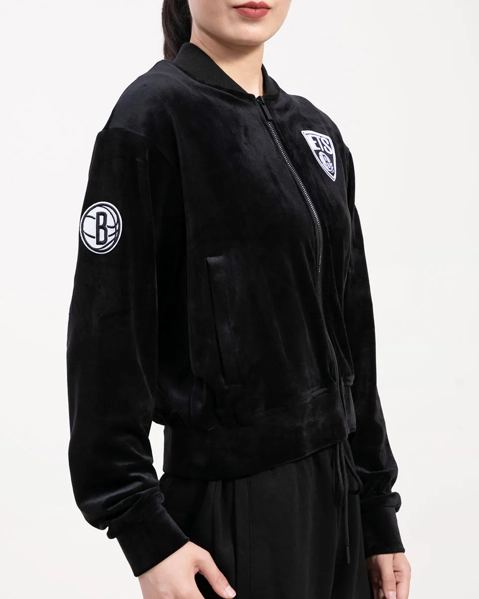 NBA BROOKLYN NETS CLASSIC WOMEN'S VELOUR FZ TRACK JACKET (BLACK)