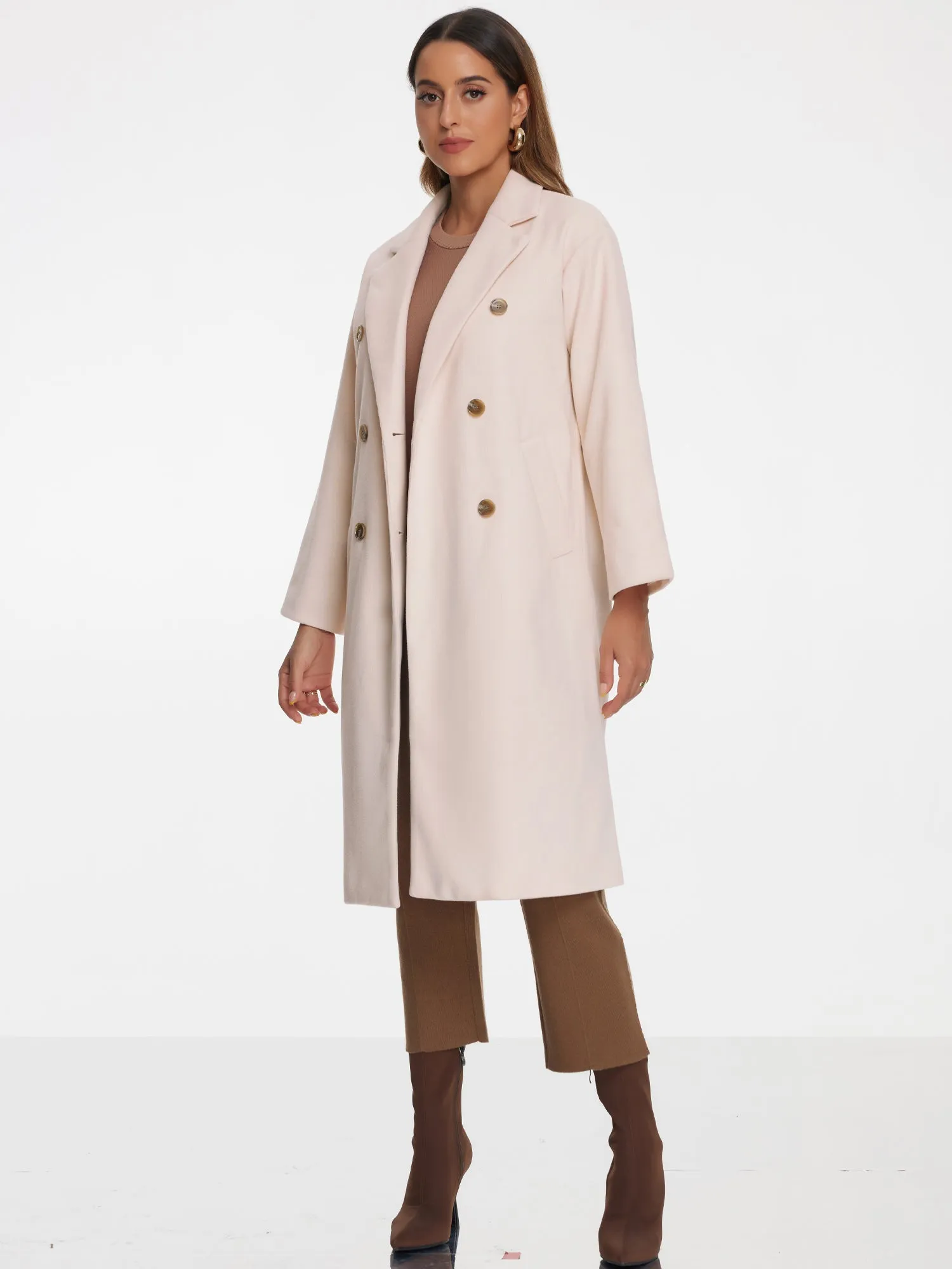 Notched Lapel Double Breasted Long Overcoat Winter Pea Coat