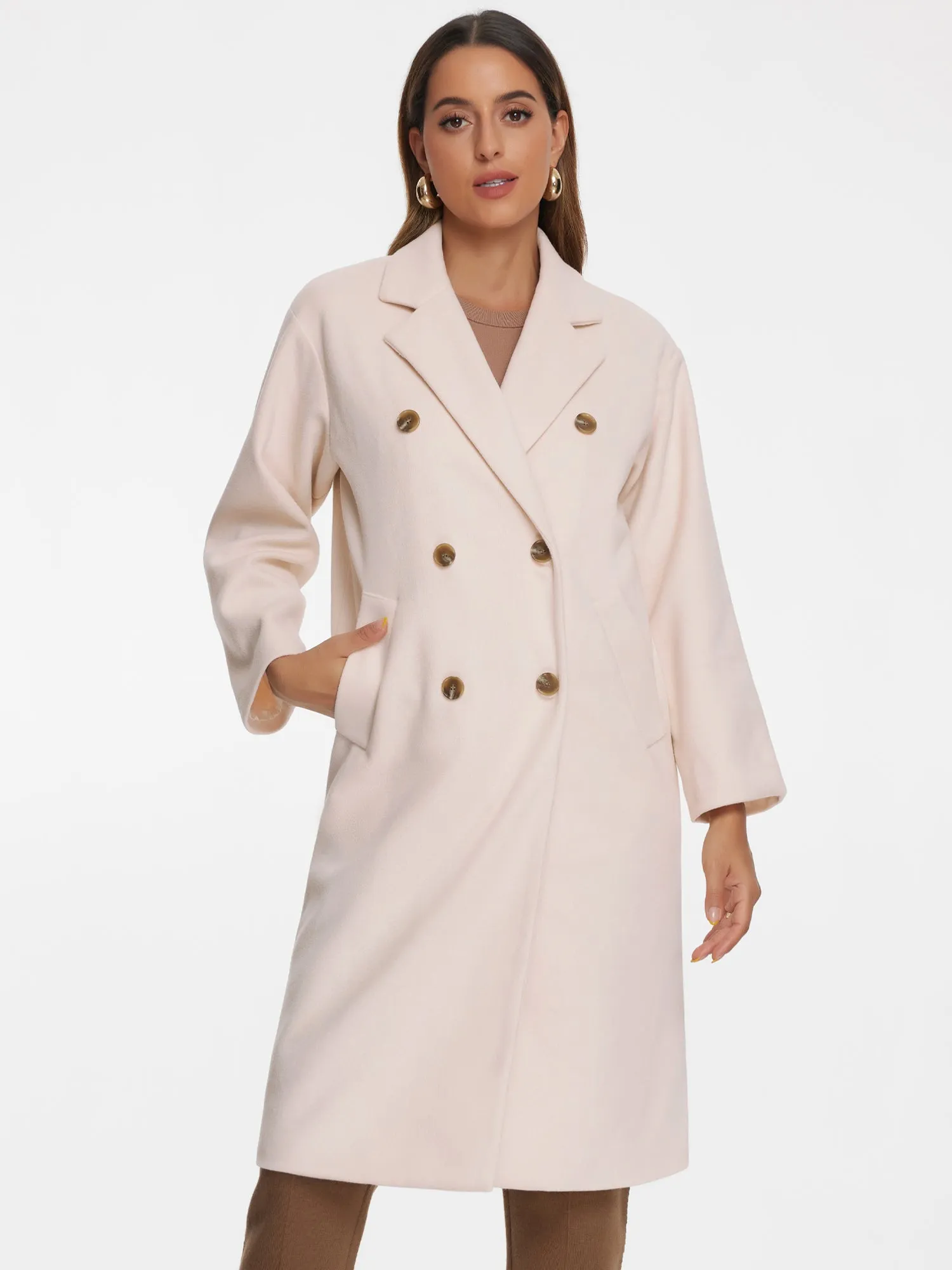 Notched Lapel Double Breasted Long Overcoat Winter Pea Coat