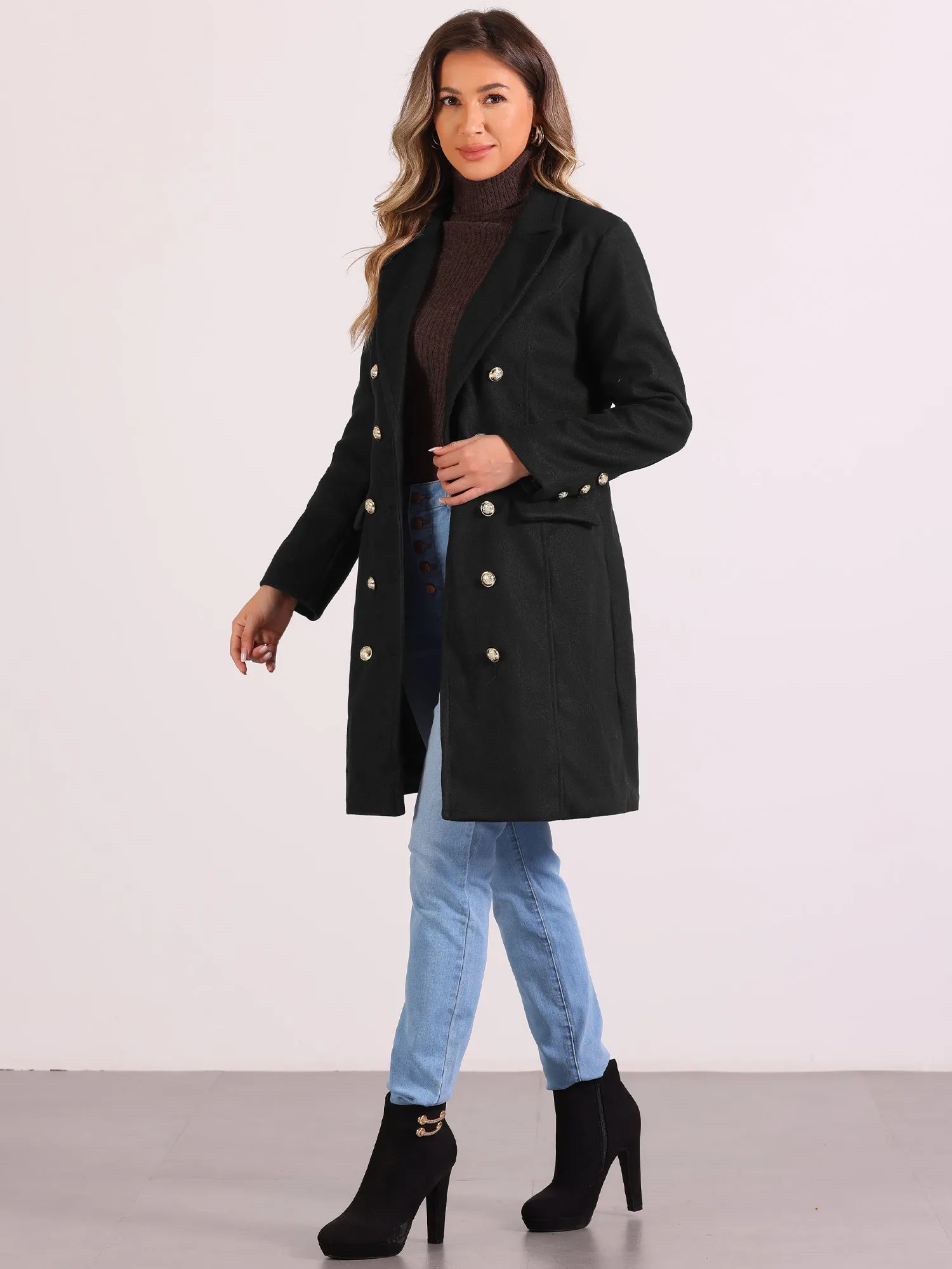 Notched Lapel Double Breasted Mid Long Winter Pea Coat