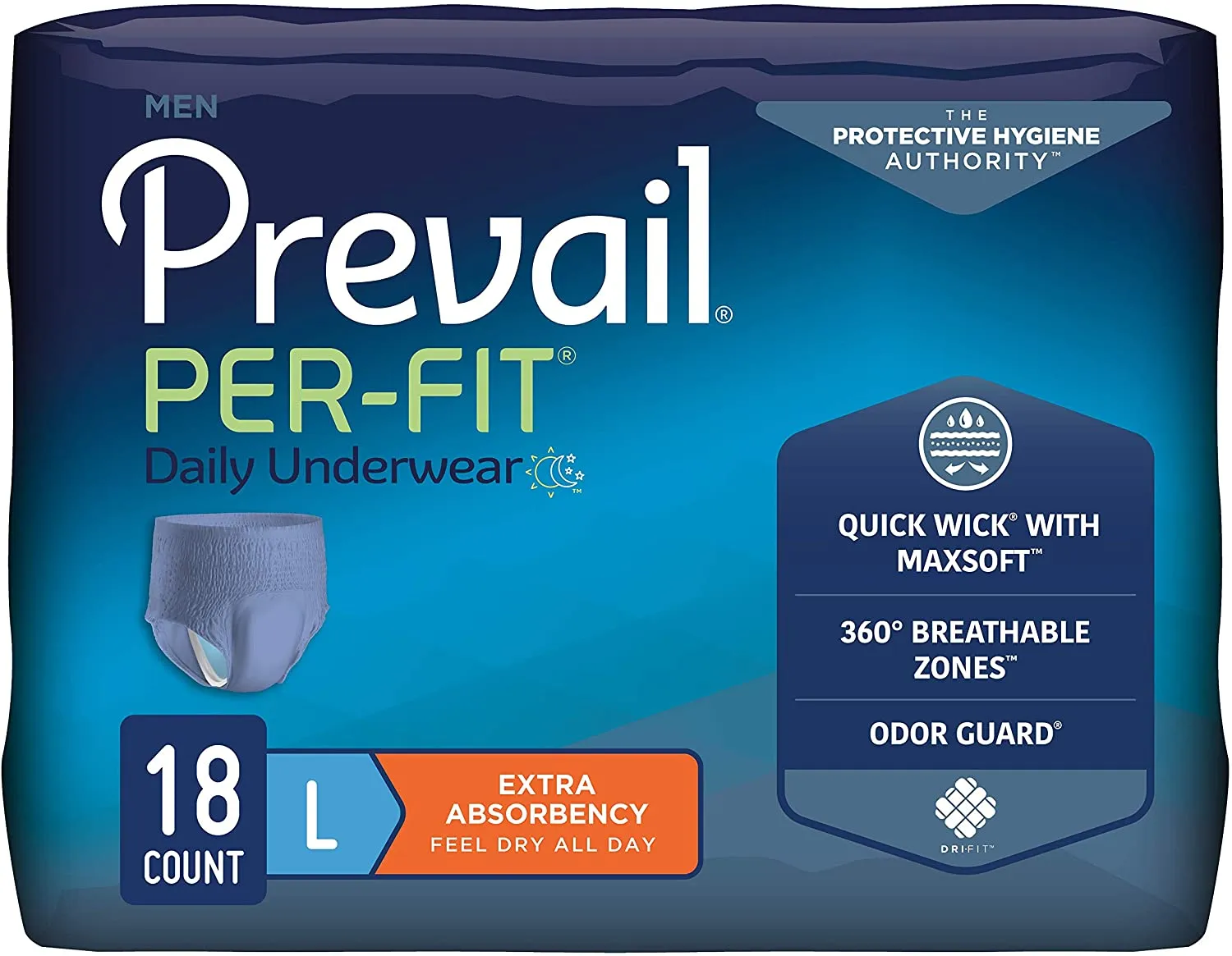 Prevail Per-Fit Incontinence Protective Underwear for Men, Extra Absorbency, Pull On with Tear Away Seams