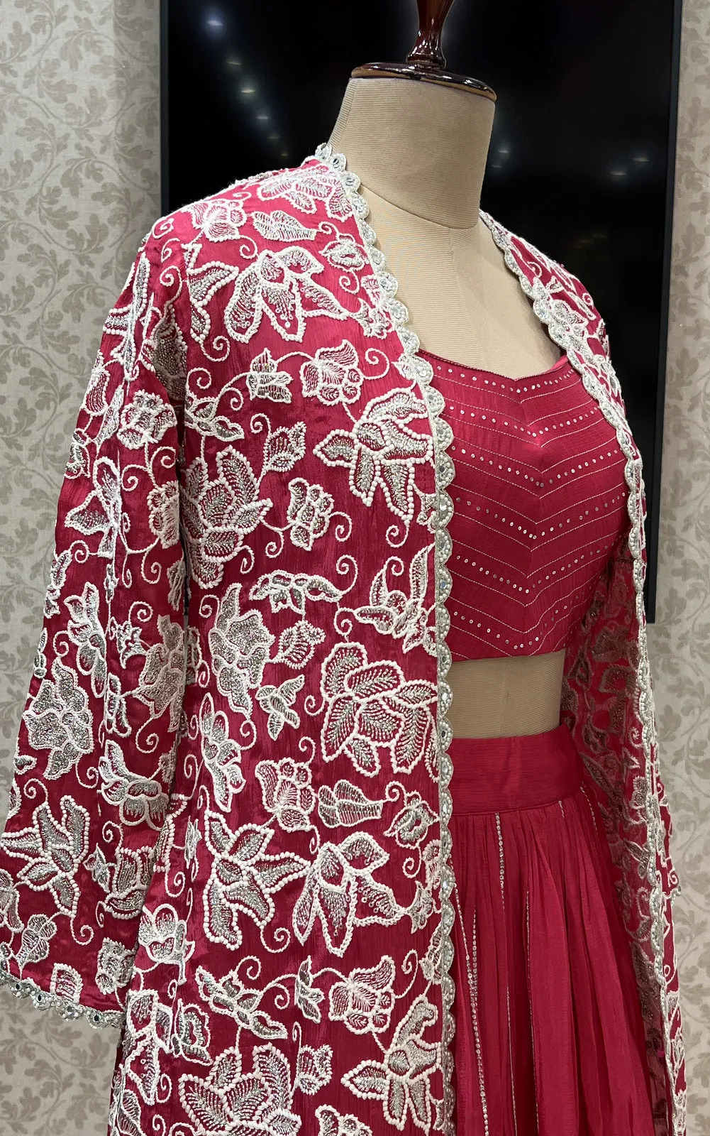 Rani Pink Silver Zari, Thread and Sequins work Long Overcoat Styled Crop Top Lehenga