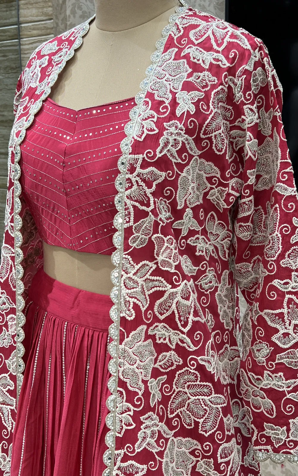 Rani Pink Silver Zari, Thread and Sequins work Long Overcoat Styled Crop Top Lehenga