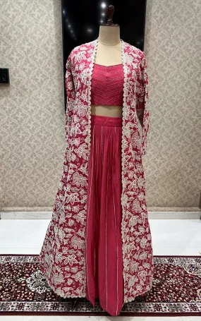 Rani Pink Silver Zari, Thread and Sequins work Long Overcoat Styled Crop Top Lehenga