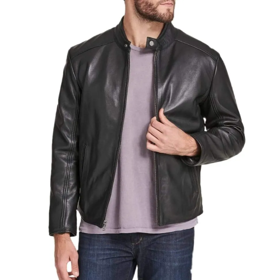 Regular Fit Black Leather Jacket for Men with Collar Button - Men jackets