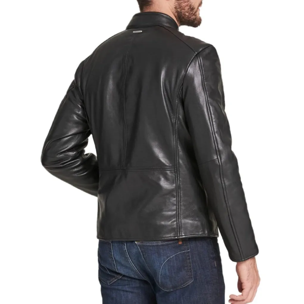 Regular Fit Black Leather Jacket for Men with Collar Button - Men jackets