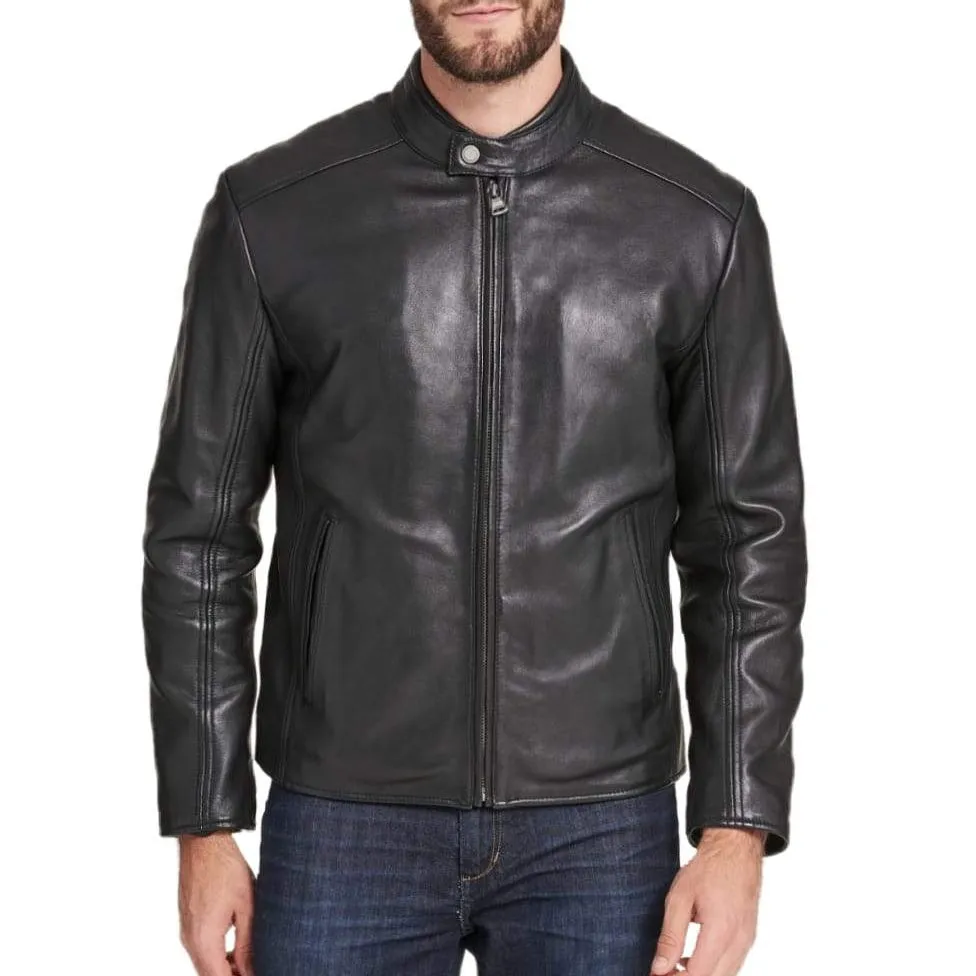 Regular Fit Black Leather Jacket for Men with Collar Button - Men jackets