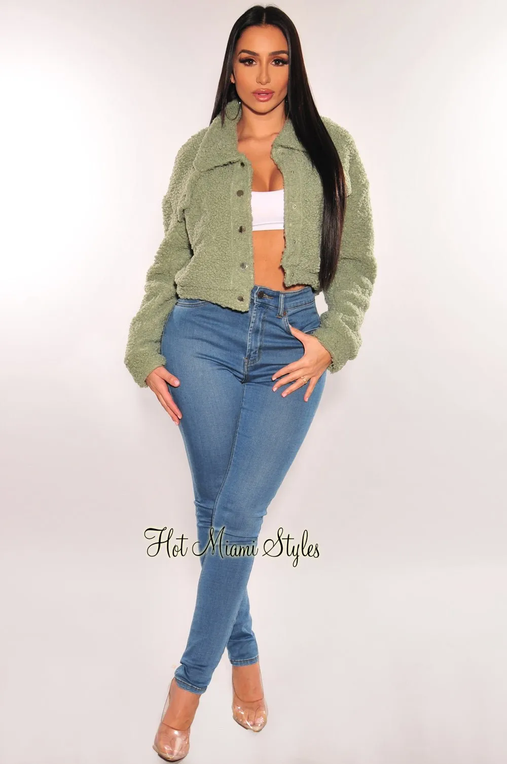 Sage Teddy Collared Long Sleeve Cropped Jacket