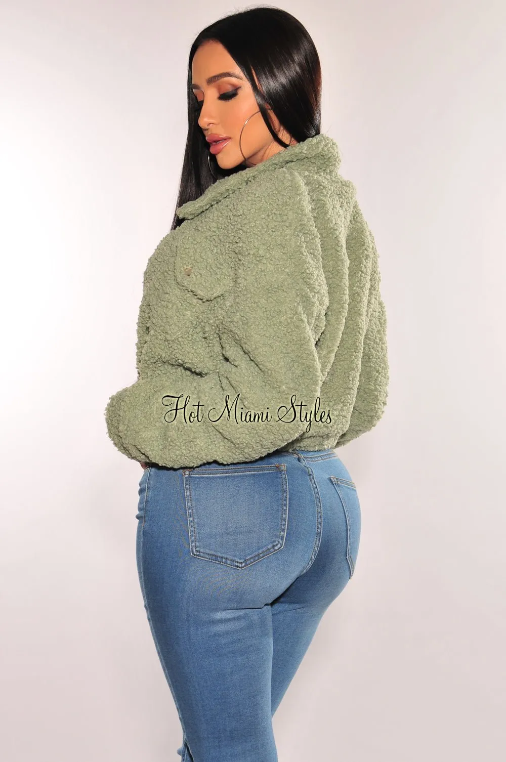 Sage Teddy Collared Long Sleeve Cropped Jacket