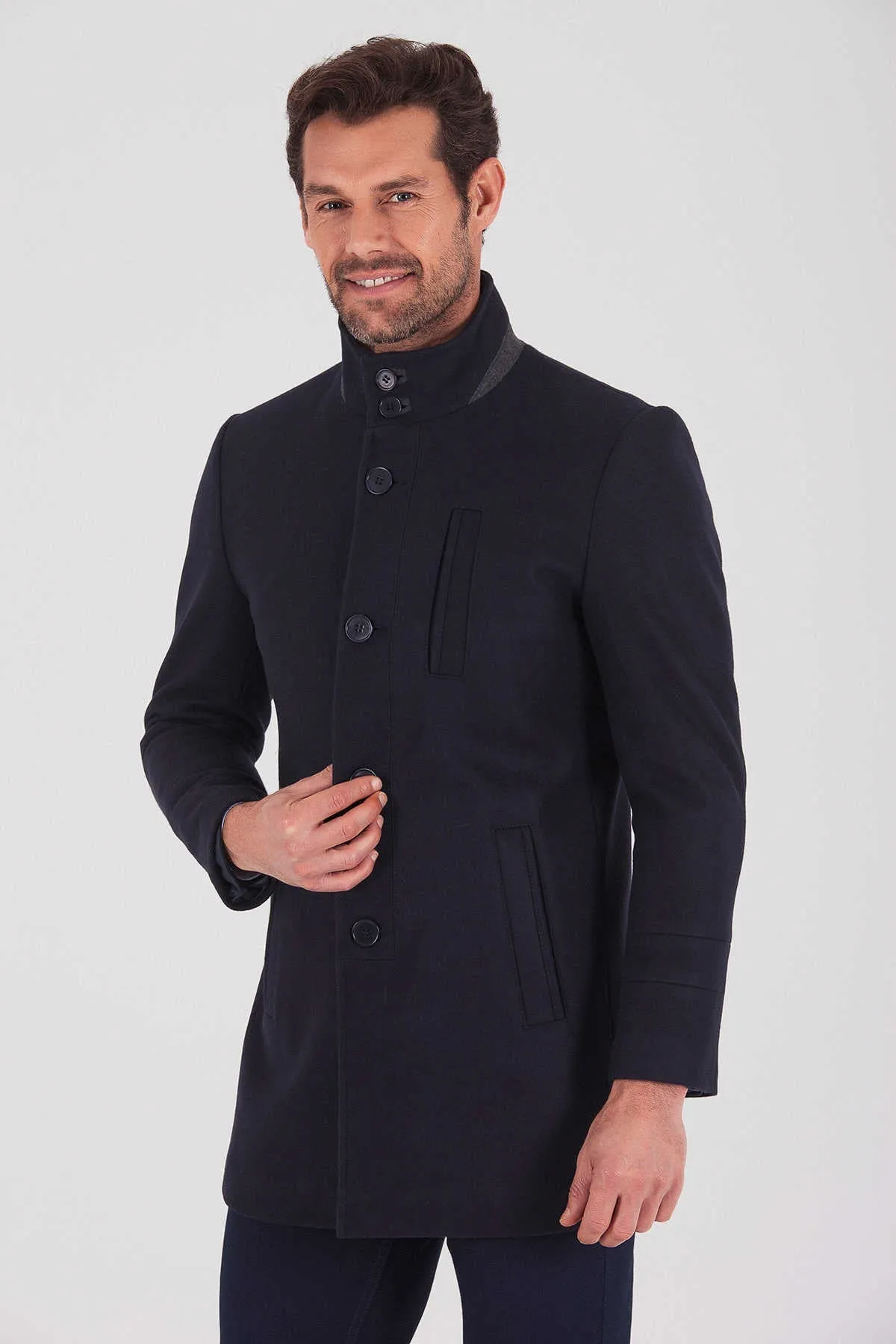 Slim Fit Funnel Stand Collar Light Navy Wool Blend Overcoat