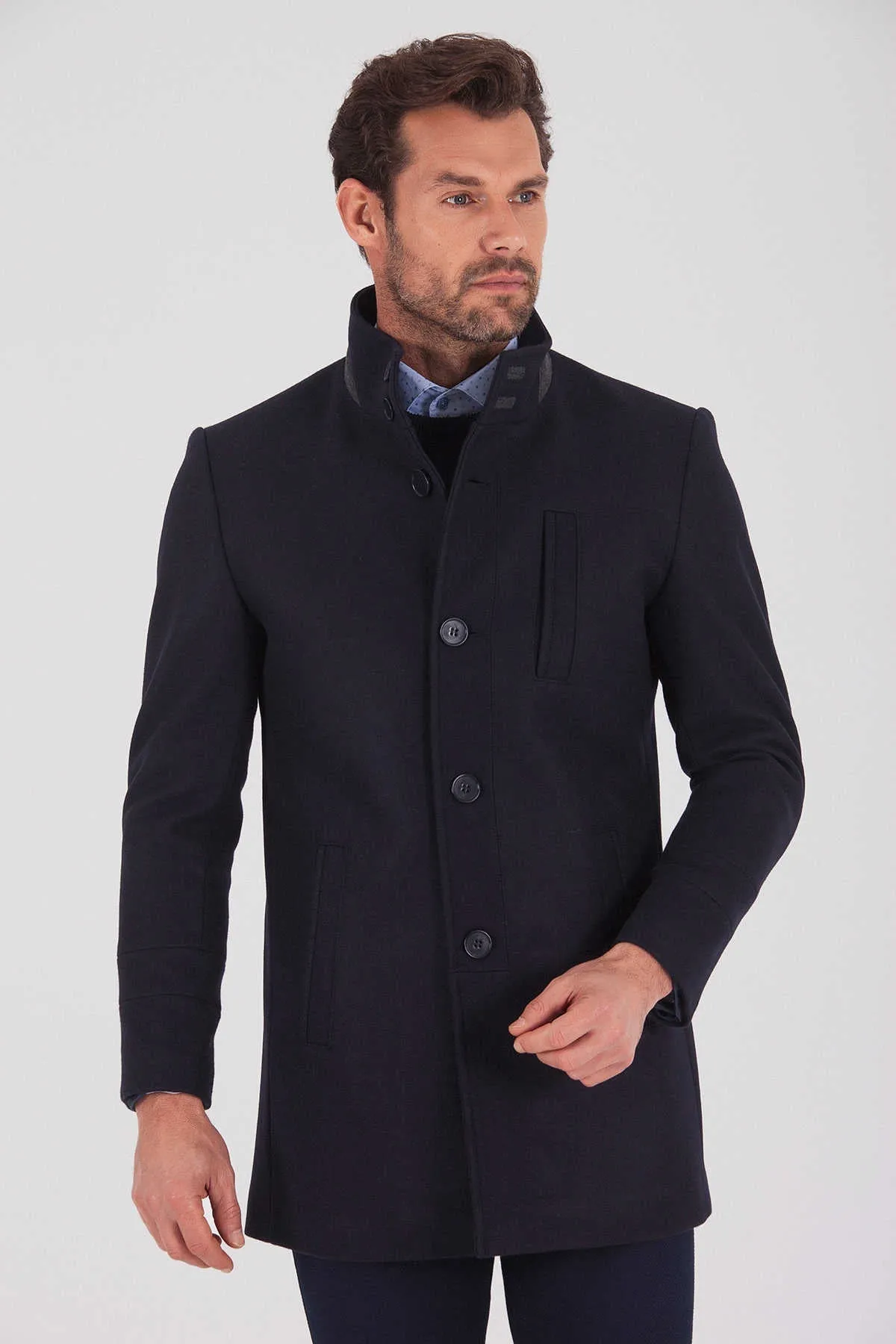 Slim Fit Funnel Stand Collar Light Navy Wool Blend Overcoat