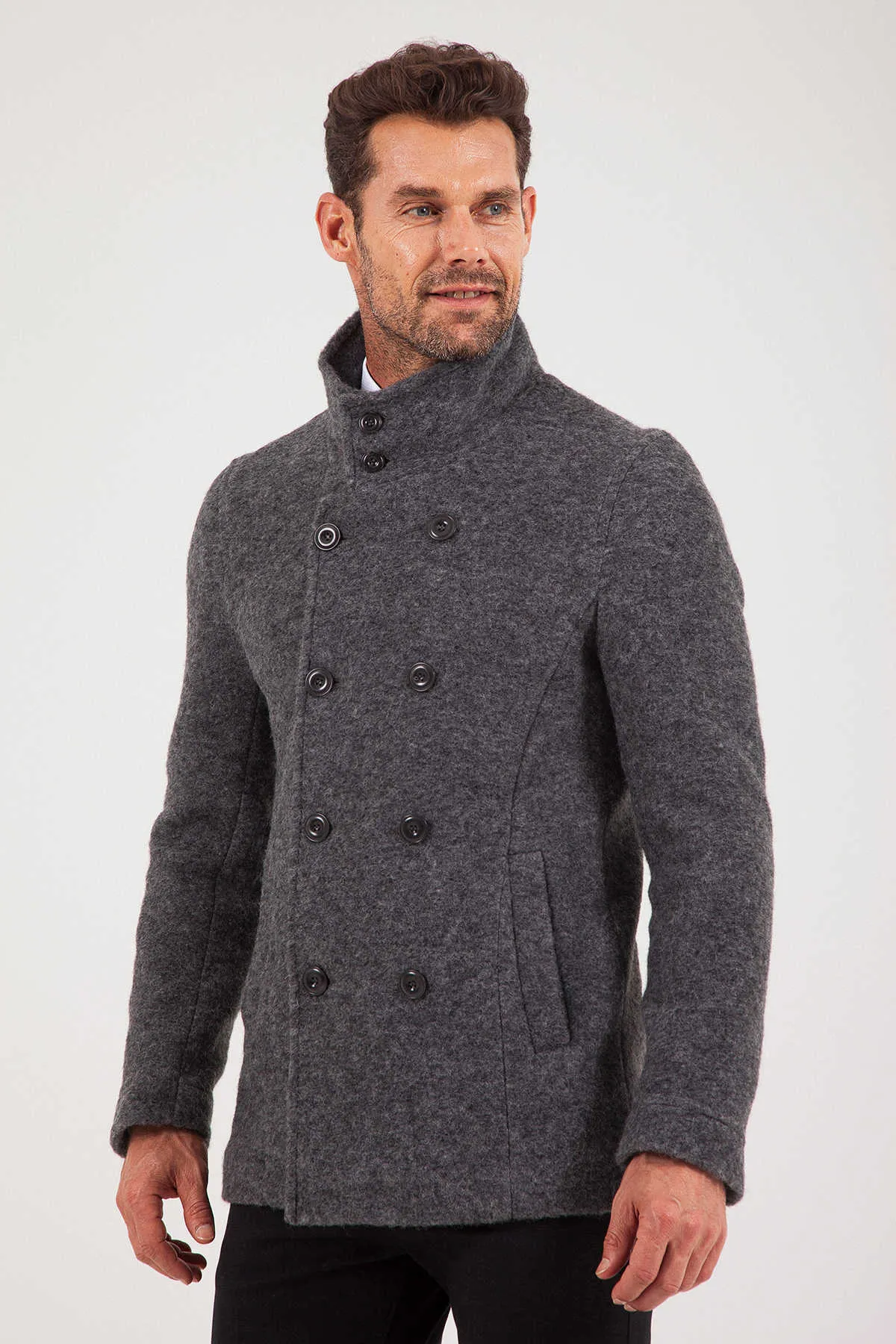 Slim Fit Notch Lapel Alpine Wool Gray Overcoat, Dark Gray