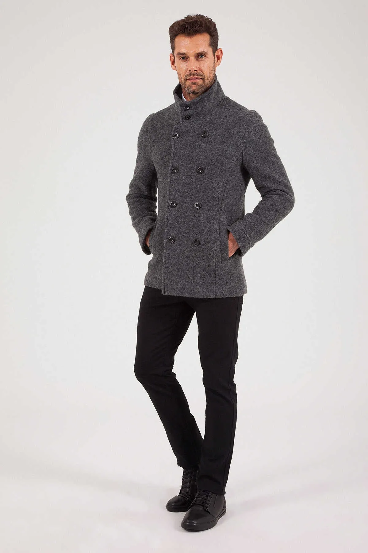 Slim Fit Notch Lapel Alpine Wool Gray Overcoat, Dark Gray