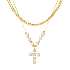 Two Layer Stacked Pearl Cross Pendant Necklace