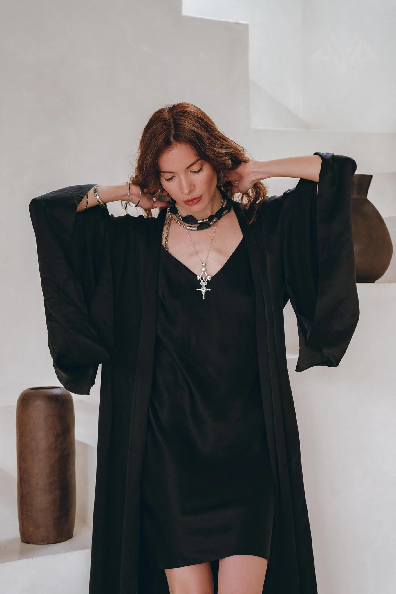 Wide Sleeve Bohemian Kaftan Cardigan • Black Peace Silk Kimono Robe