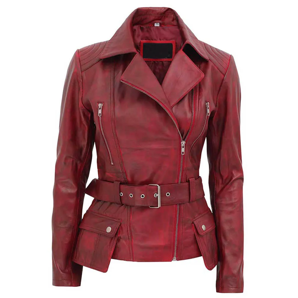 Womens Asymmetrical Burgundy Four Pocket Belted Moto Jacket