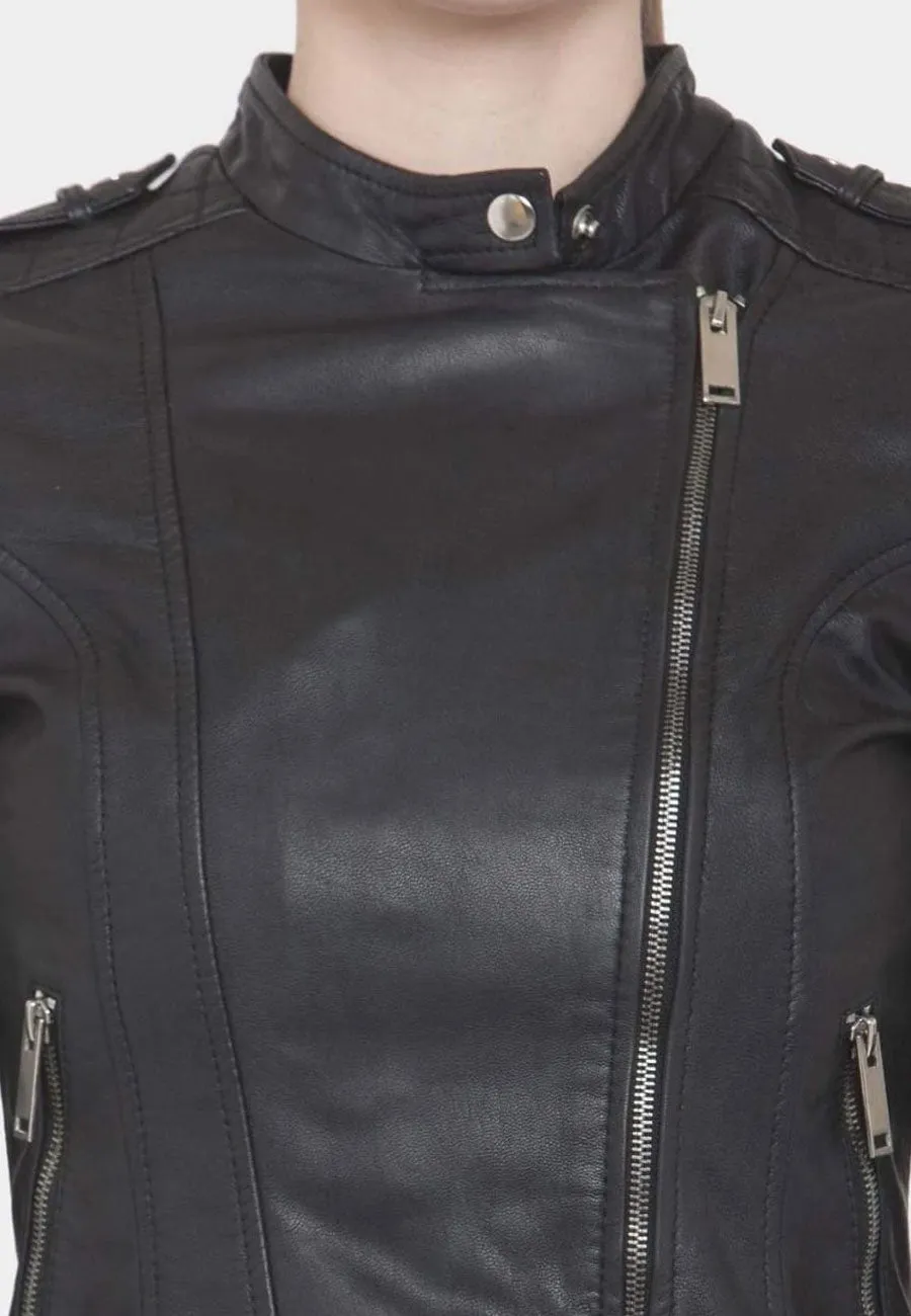 Women's Black Leather Biker Jacket Slim Fit