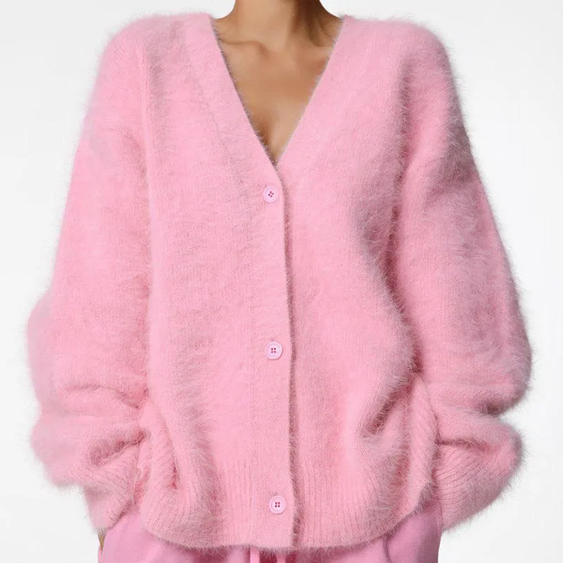 Women's fuzzy knit button down drop shoulder cardigan V neck